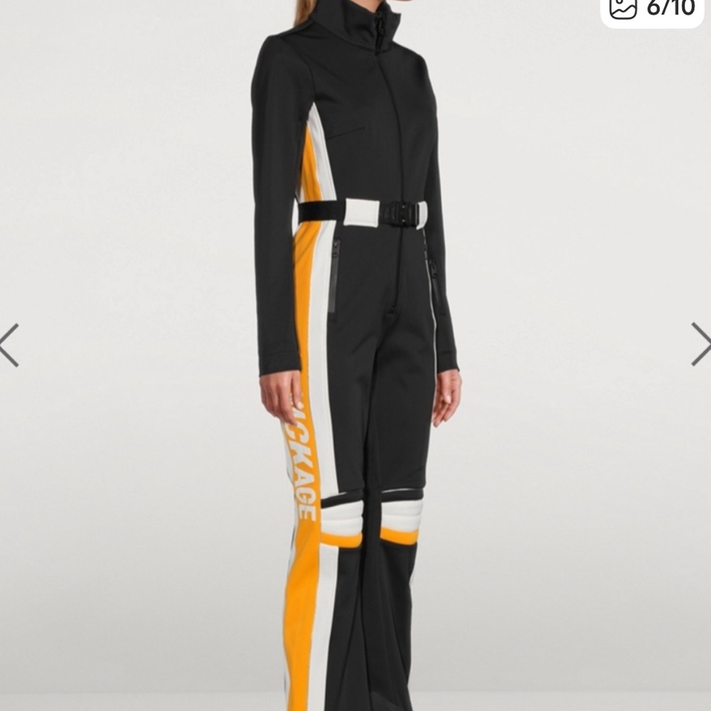 Mackage black color block belted ski  suit Orange and White Accents